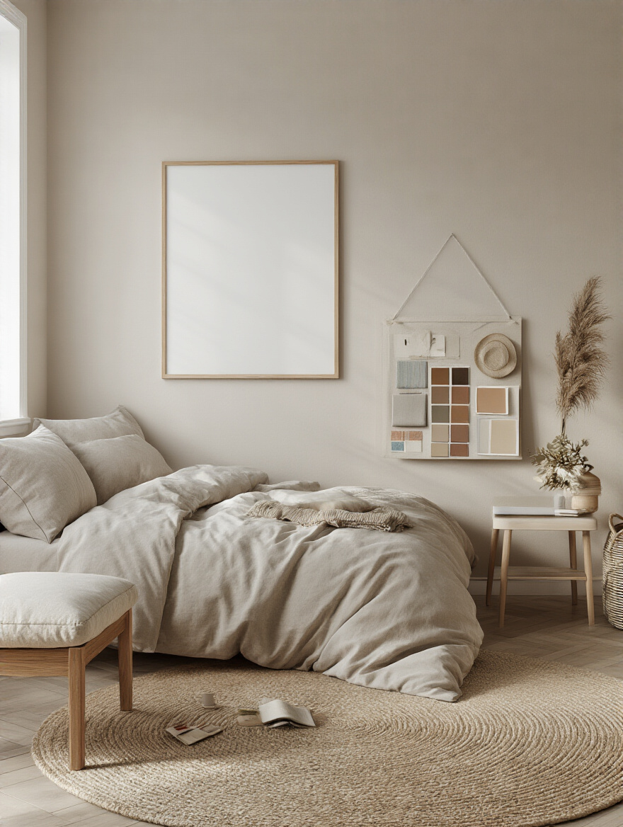 Portrait view of a mood board and wall art planning corner in a serene bedroom