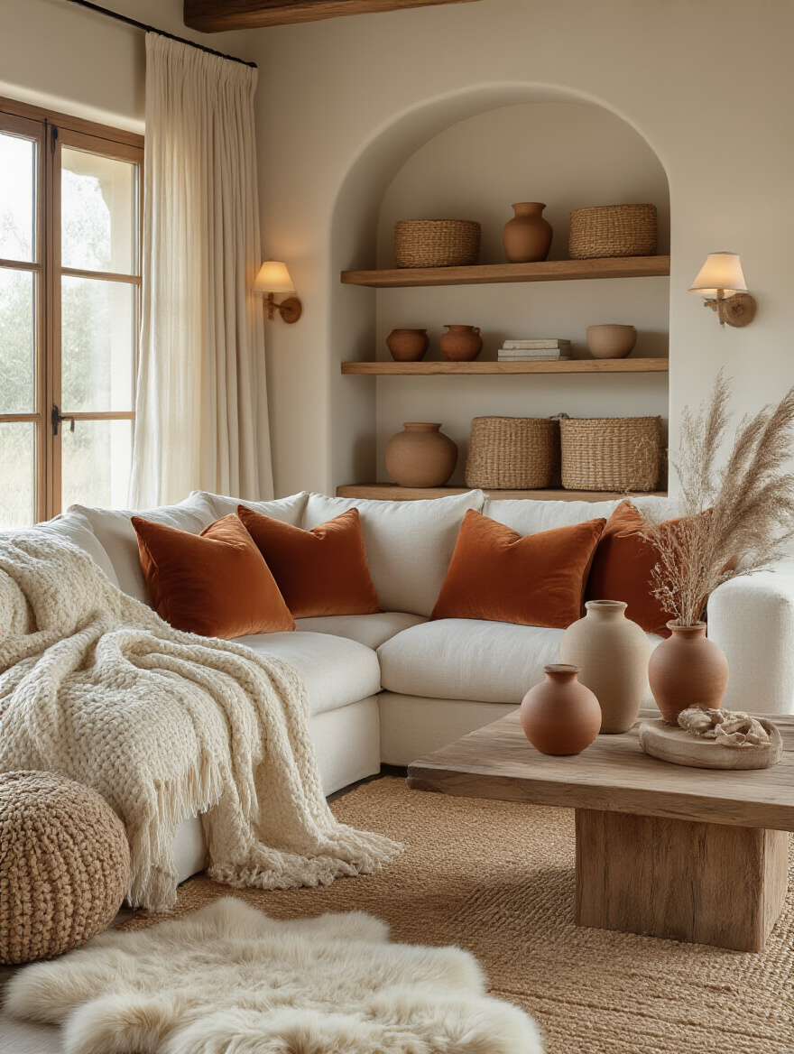 Portrait view of a cozy living room with warm neutrals, layered textures, and natural wood tones.