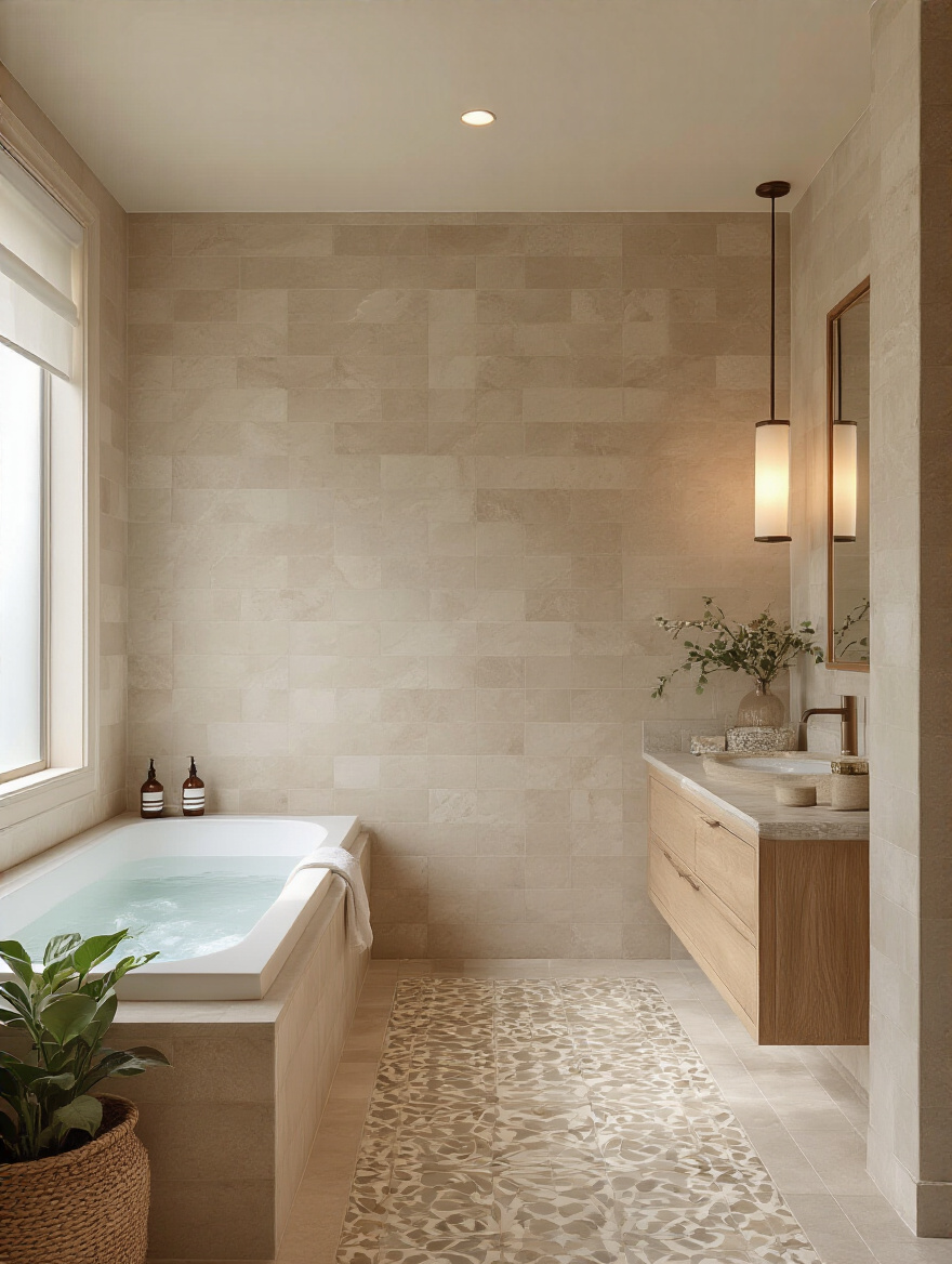 Portrait of a spa-inspired bathroom with cohesive tile aesthetic and warm lighting.