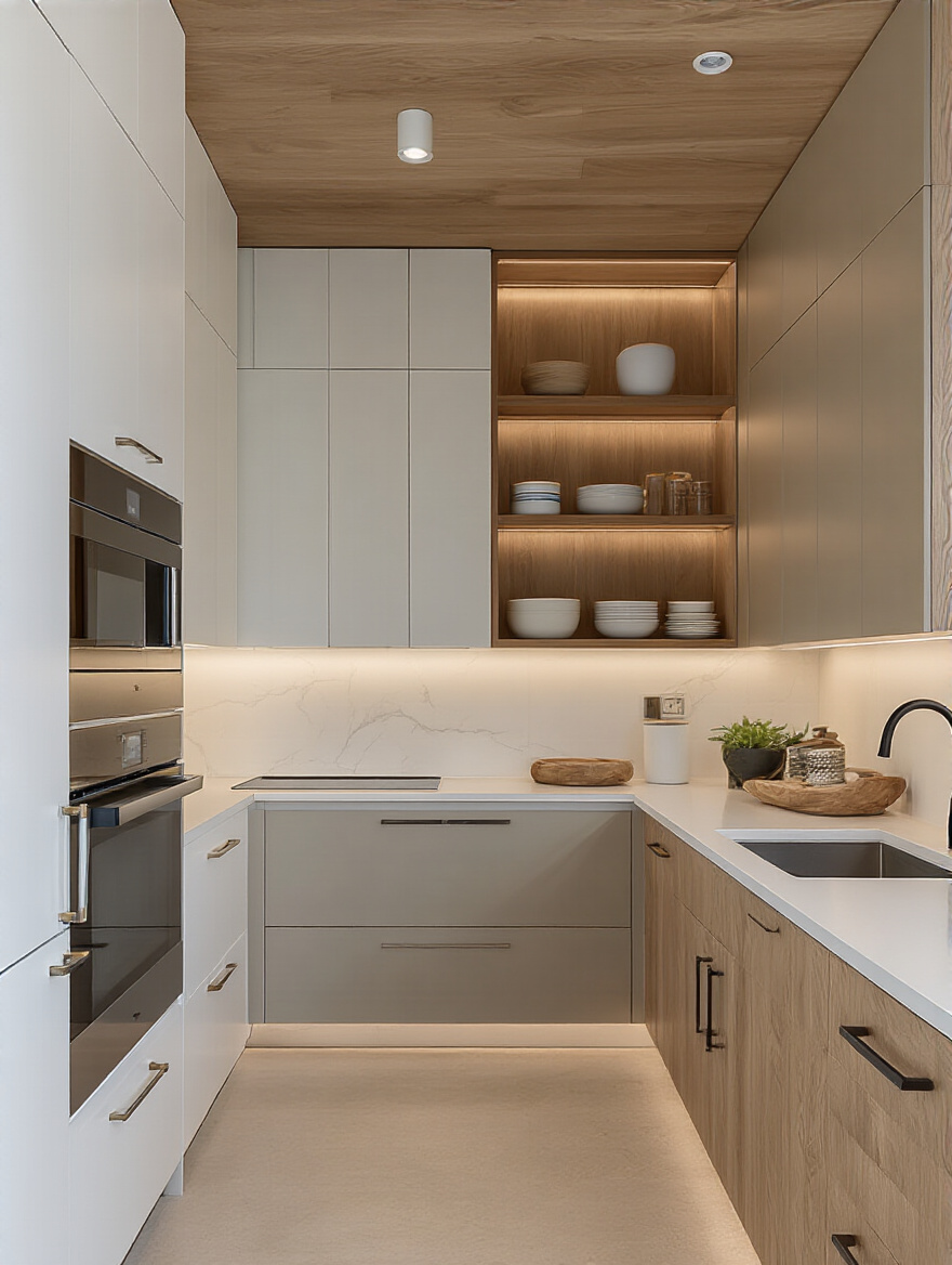 Portrait view split between minimalist and warm modern kitchen cabinet aesthetics