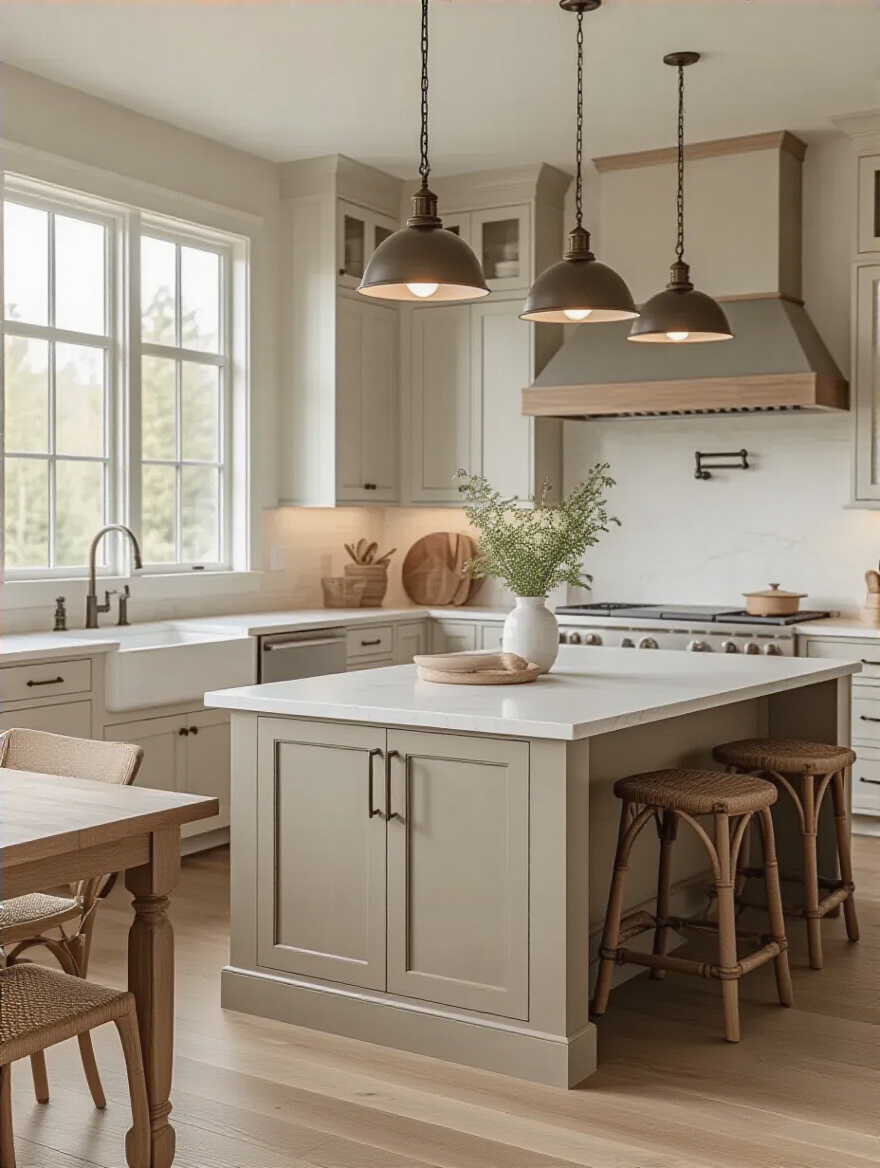 Portrait of a cohesive kitchen design showing a defined aesthetic style in fixtures