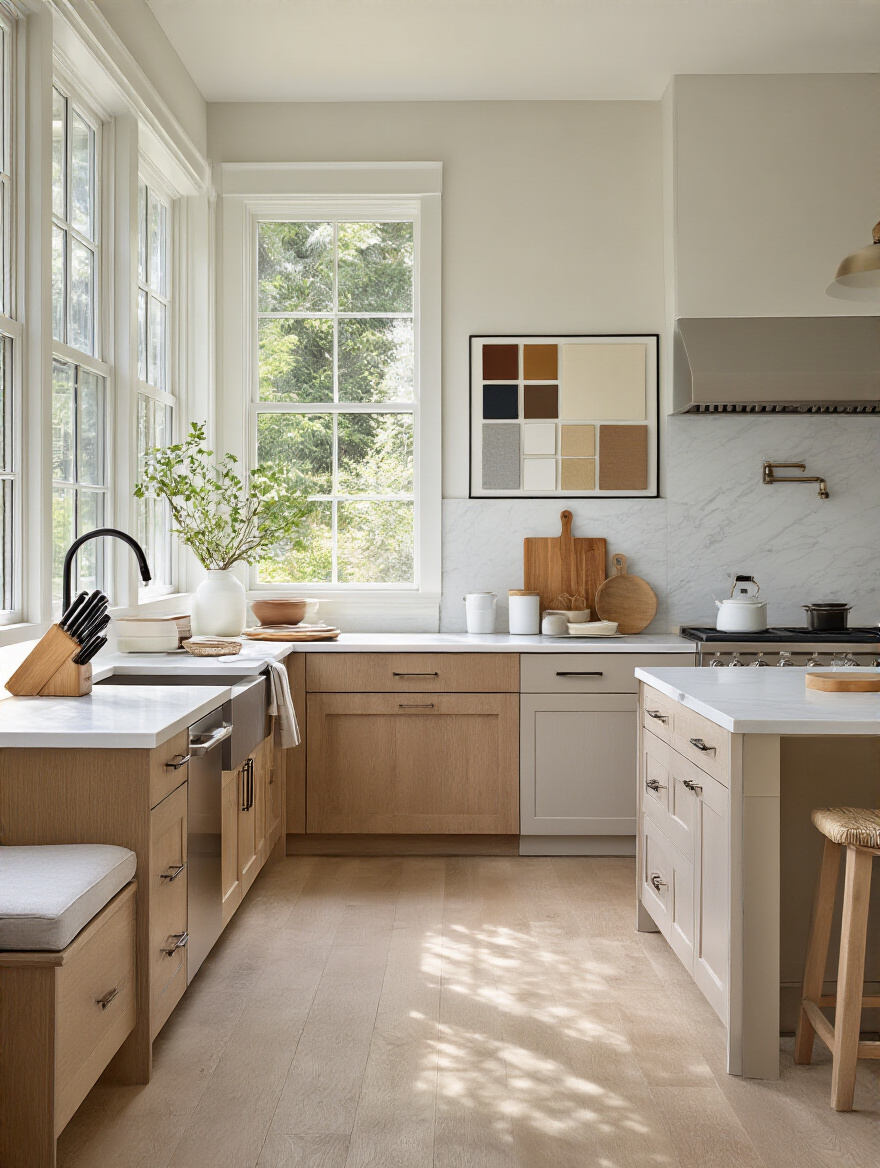 Portrait planning-scene of a kitchen with defined function zones for lifestyle-focused renovation