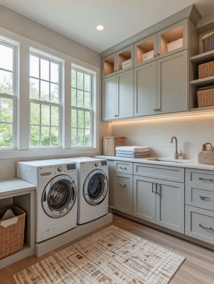 Portrait of a modern multi-functional laundry room with organized zones