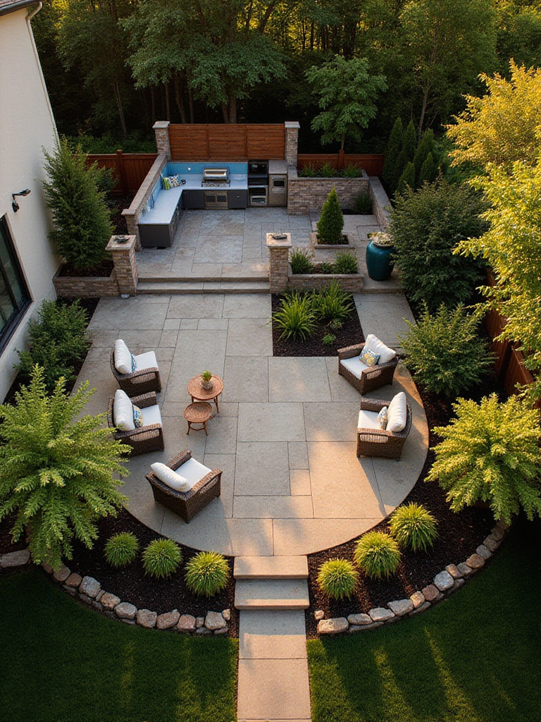 A sophisticated backyard featuring multiple tailored zones for diverse outdoor living activities, including a patio, seating, and garden areas, designed to reflect a defined lifestyle.