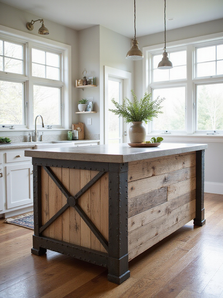 Rustic kitchen island displaying three distinct style elements: distressed farmhouse wood, industrial steel and concrete, and woodland live-edge timber.