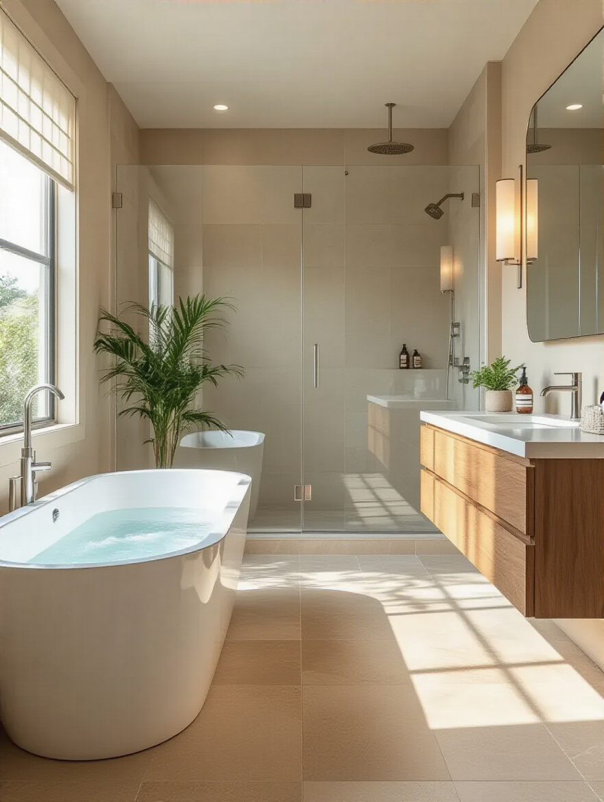 Modern bathroom with freestanding tub and glass shower; budgeting concept