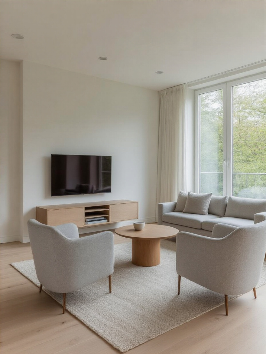 Minimalist living room with clearly defined functional zones for conversation and entertainment, optimizing room layout for serenity.
