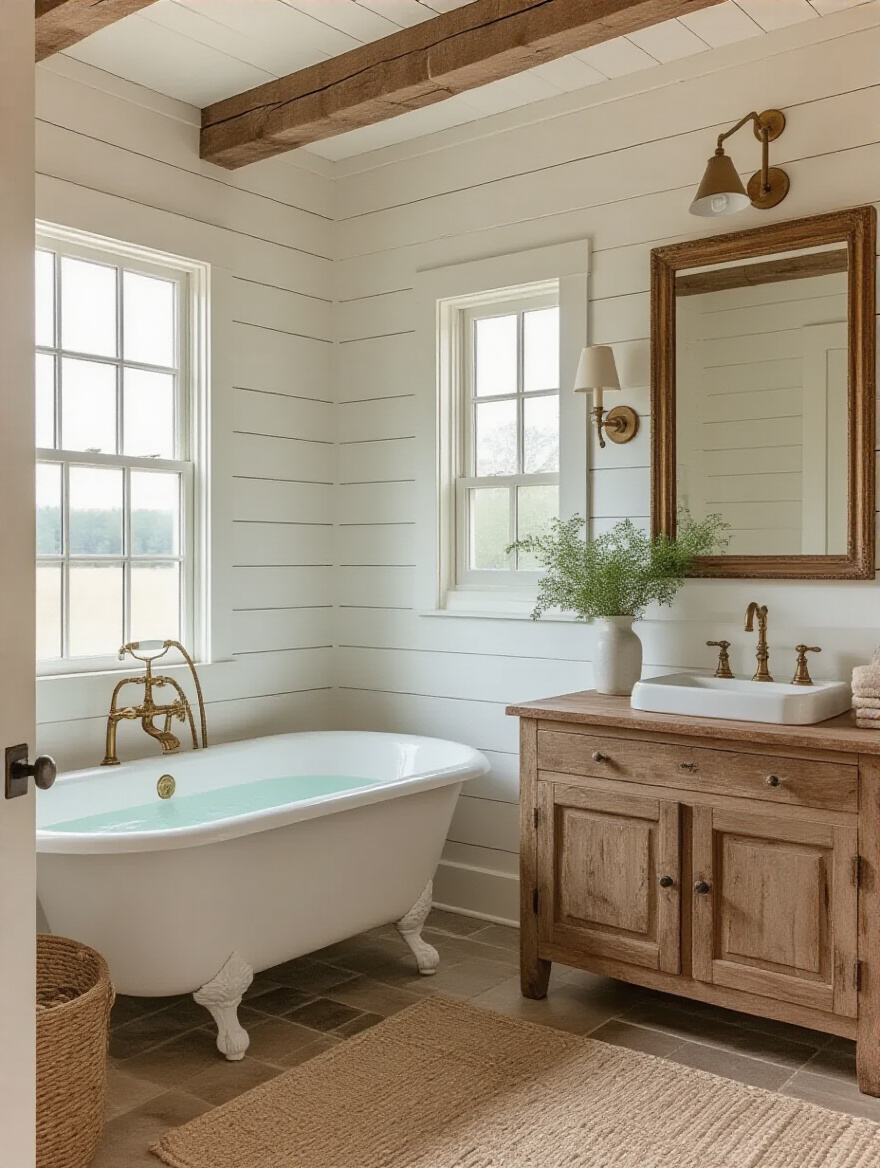 Portrait of a rustic farmhouse-style bathroom with shiplap walls and a clawfoot tub.