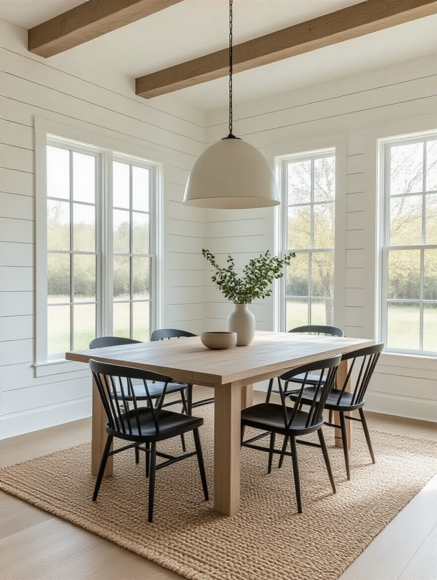 Modern farmhouse dining room with a rectangular light wood table, black metal chairs, and white shiplap walls, showcasing a defined aesthetic.