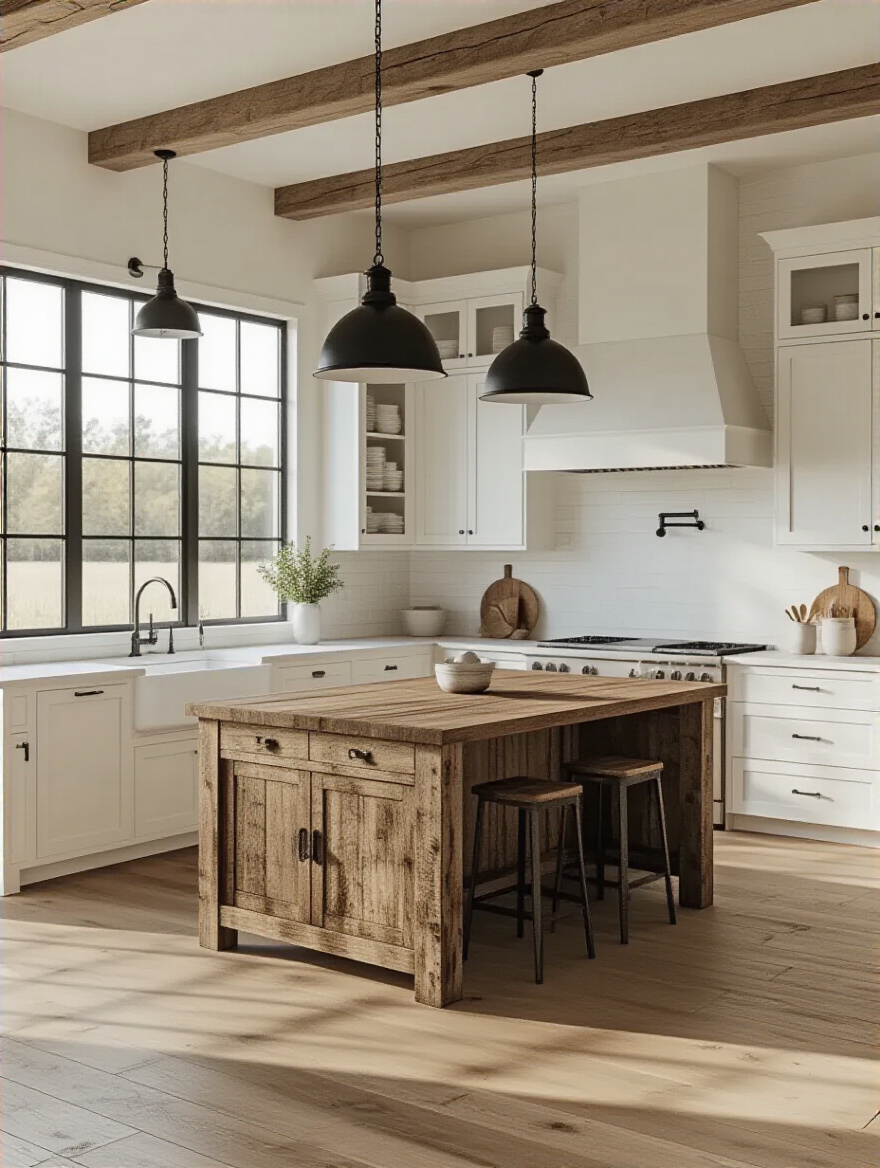 A beautifully designed farmhouse kitchen interior blending modern, rustic, and industrial elements with white cabinets, a distressed wooden island, and black pendant lights.
