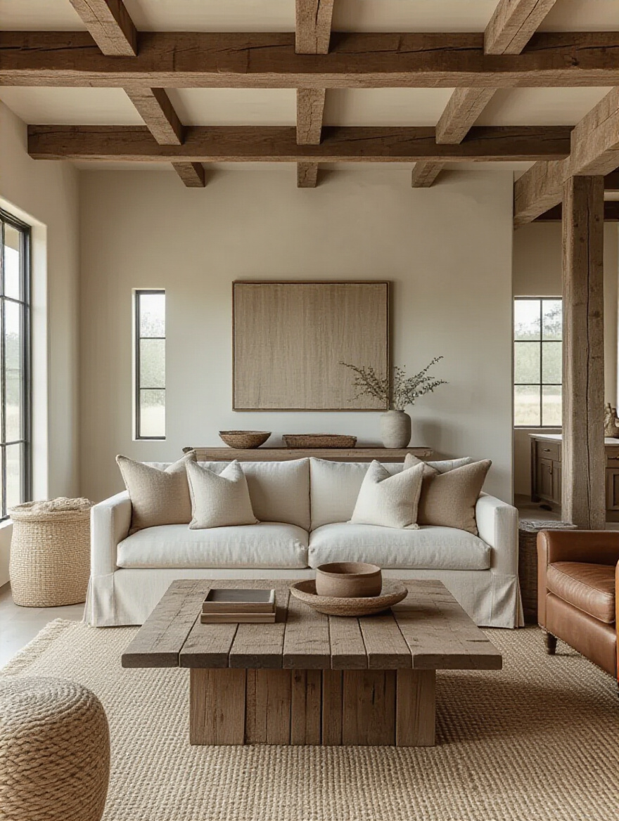 Portrait of a rustic living room showing defined aesthetic options