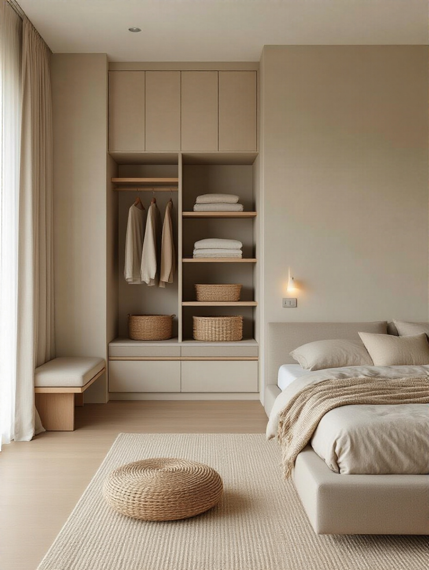 Portrait view of a bedroom with built-in storage balancing aesthetics and function