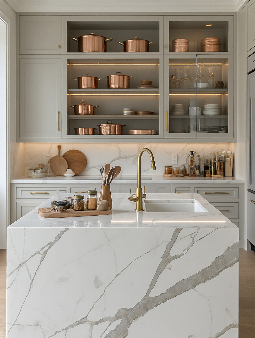 Vertical portrait of a luxe kitchen with marble island and organized pantry, no people