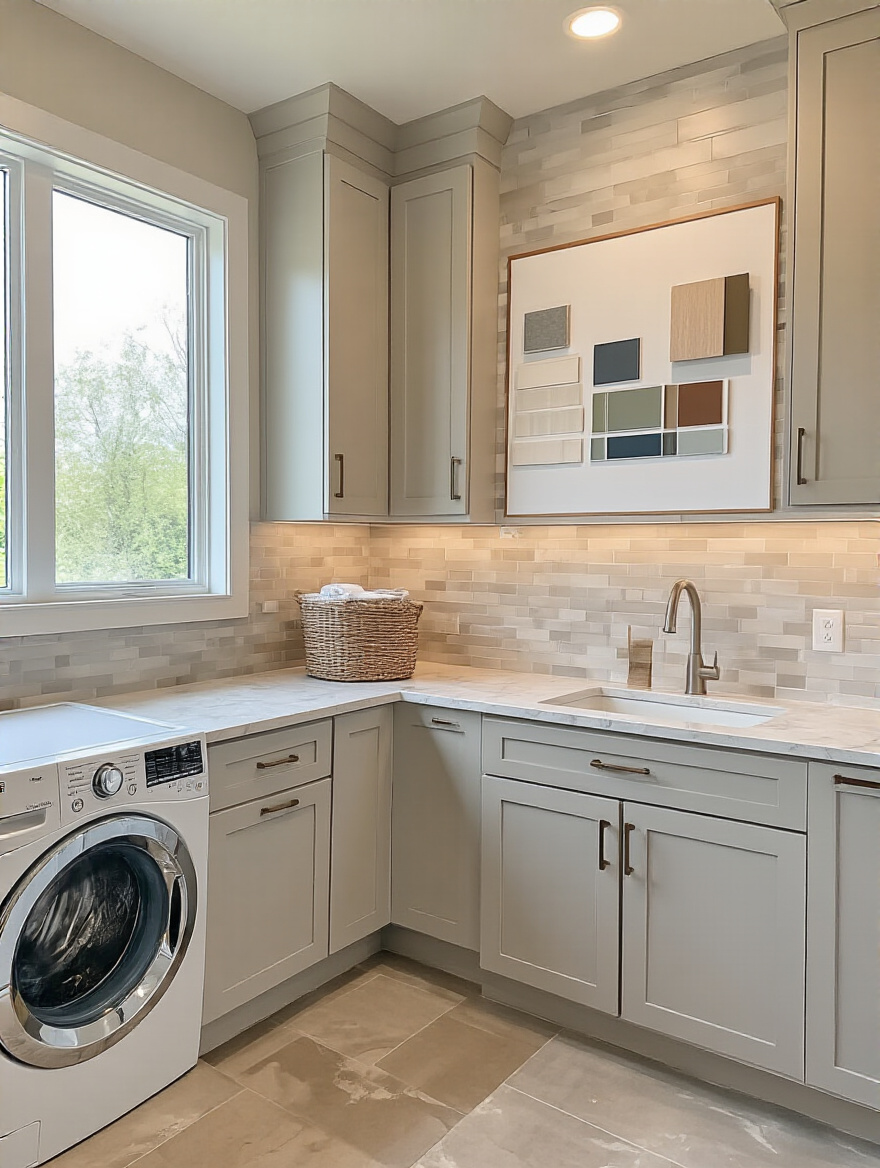 Portrait view of a modern laundry room with cabinetry and a wall of swatches for planning