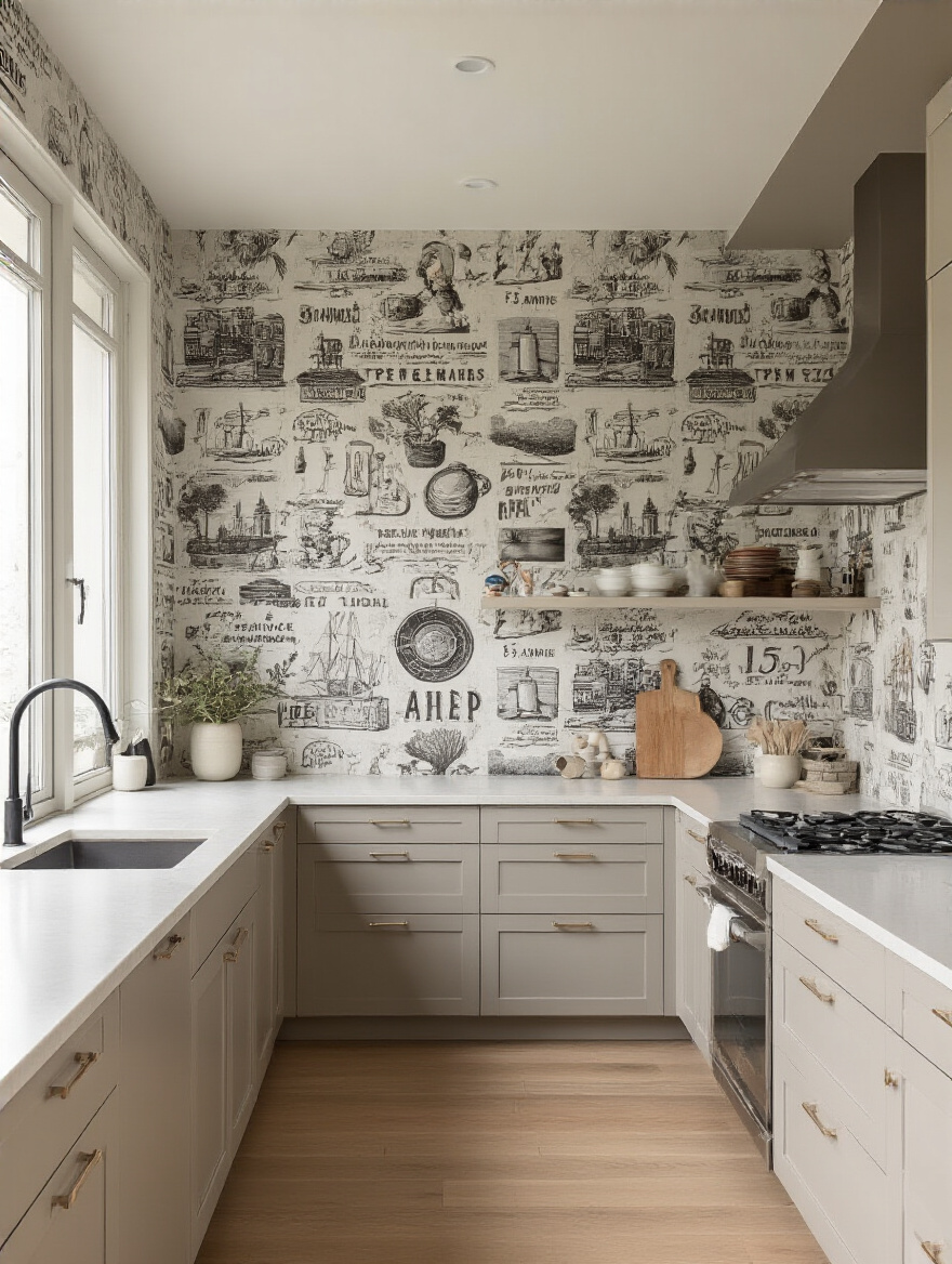 Portrait-style interior shot of a modern kitchen wall with wallpaper showcasing minimalist, industrial, and eclectic influences.