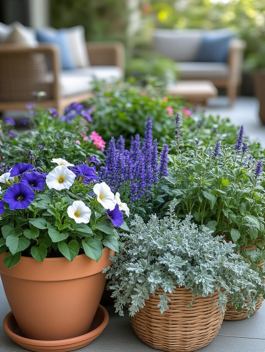 Patio container garden with blue, purple, and silver annuals and foliage arranged in a cohesive color palette.
