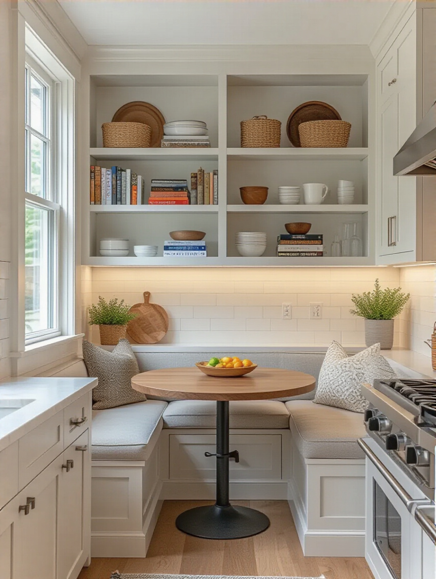Custom built-in banquette seating with storage and integrated shelving in a small, modern kitchen's awkward corner, maximizing space efficiency.
