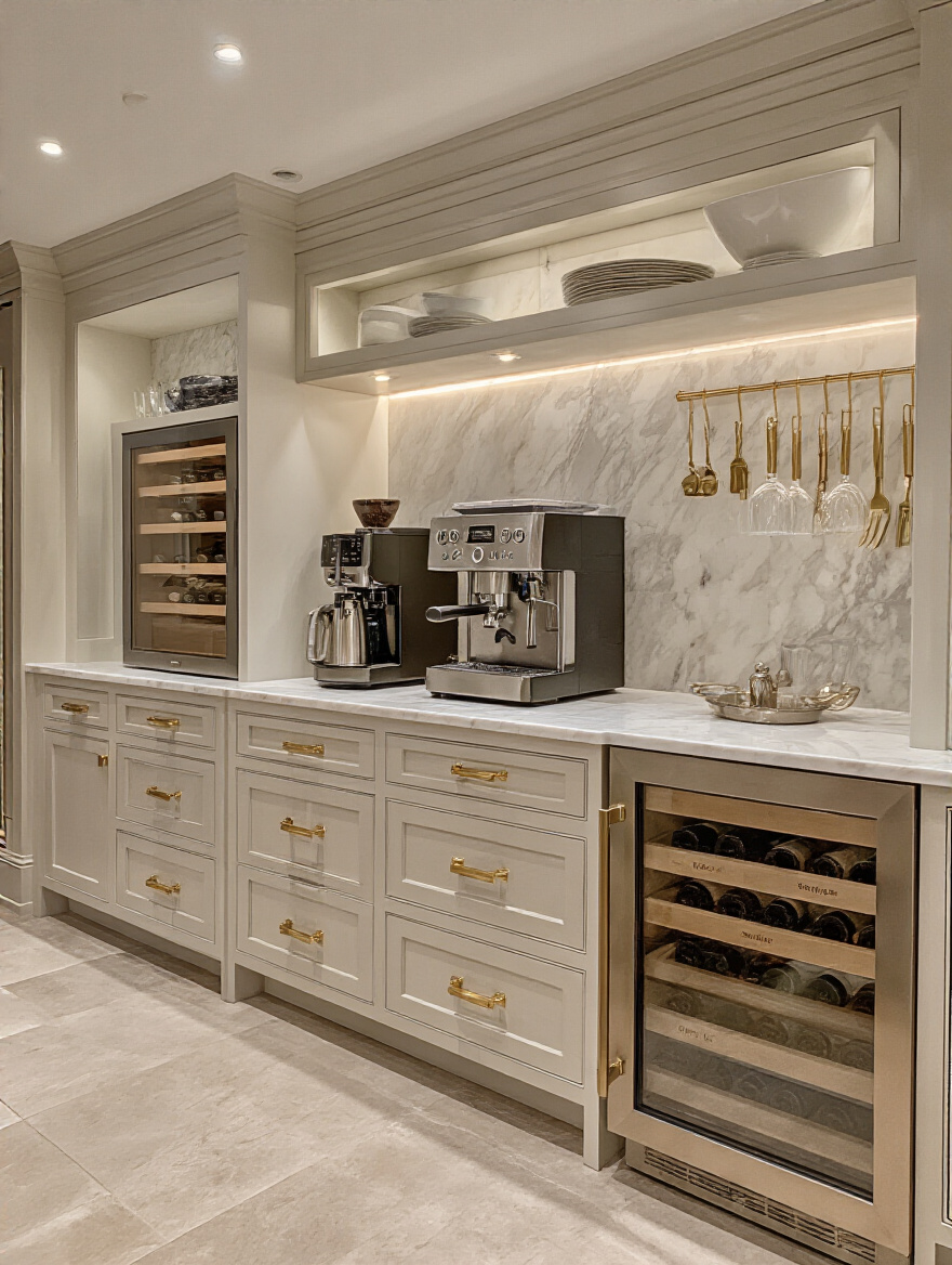 Luxury kitchen with dedicated coffee bar, wine station, and prep pantry zones