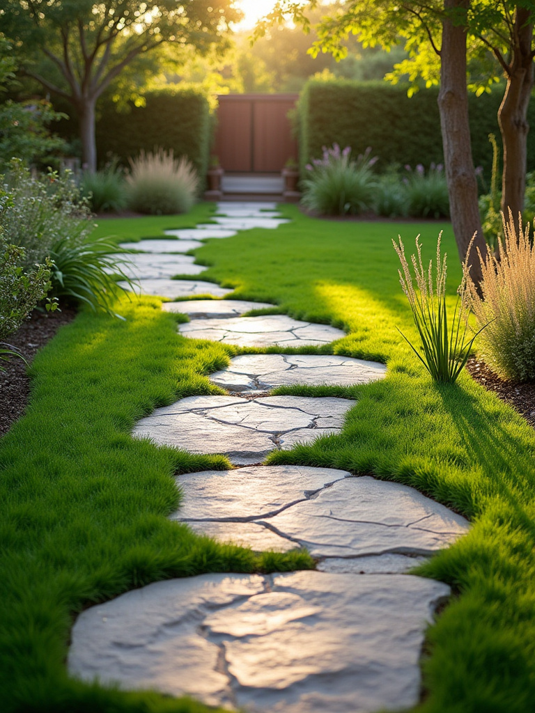 A winding flagstone pathway set in green grass, leading through a beautiful backyard garden with various plants, designed for seamless movement and flow.