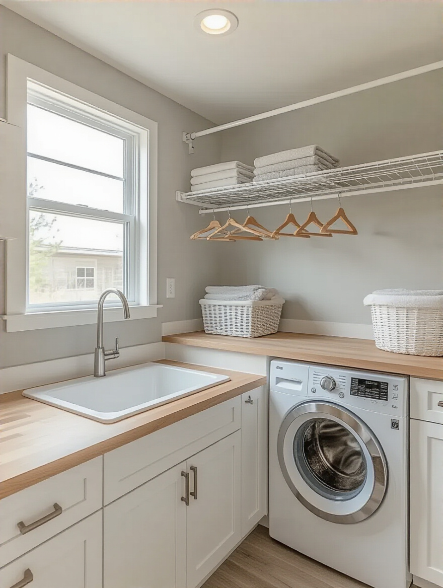 Portrait view of a modern laundry room with a wall-mounted drying rack in a dedicated drying area.