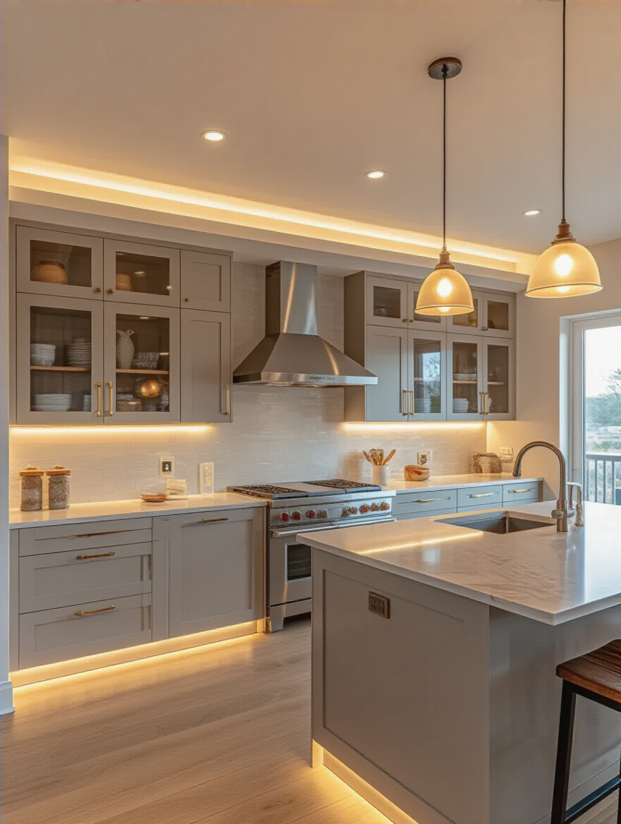 Vertical kitchen with layered ambient, task, and accent lighting