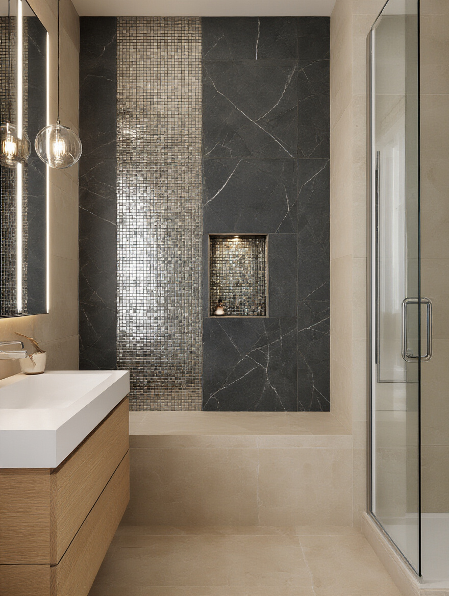 Lux bathroom with striking tiled accent wall and shower niche