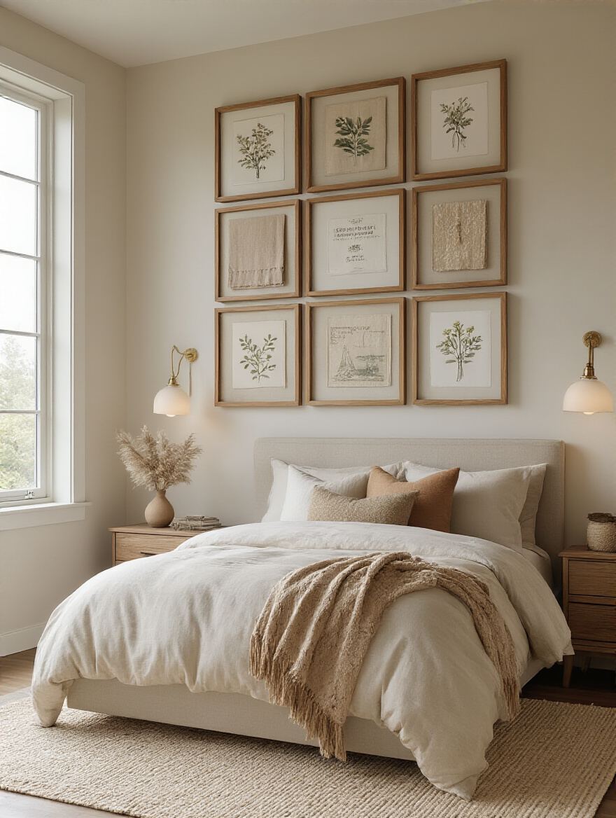 Portrait view of a bedroom with a thematic grid wall telling a personal story