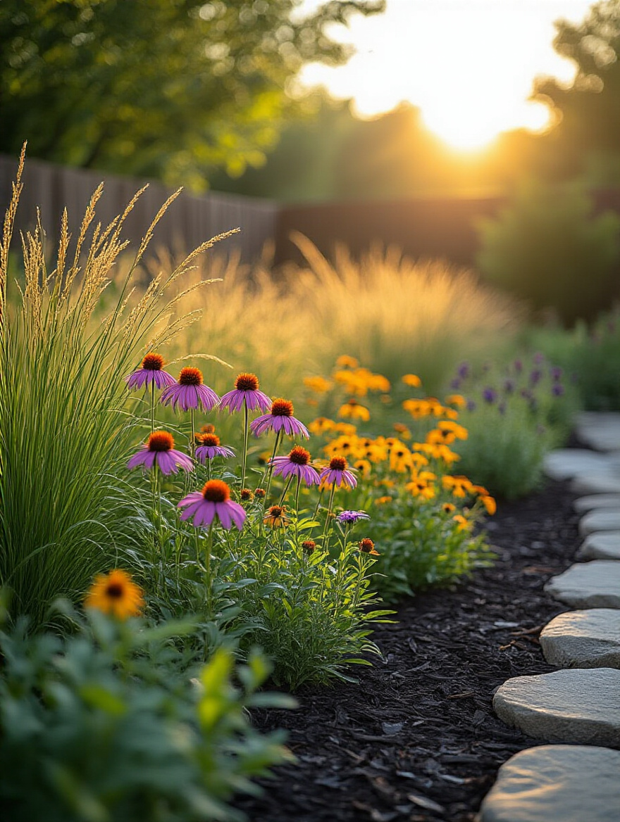 Vertical portrait of a native plant garden in a sunny backyard with mulch, stone edging, and diverse native plants