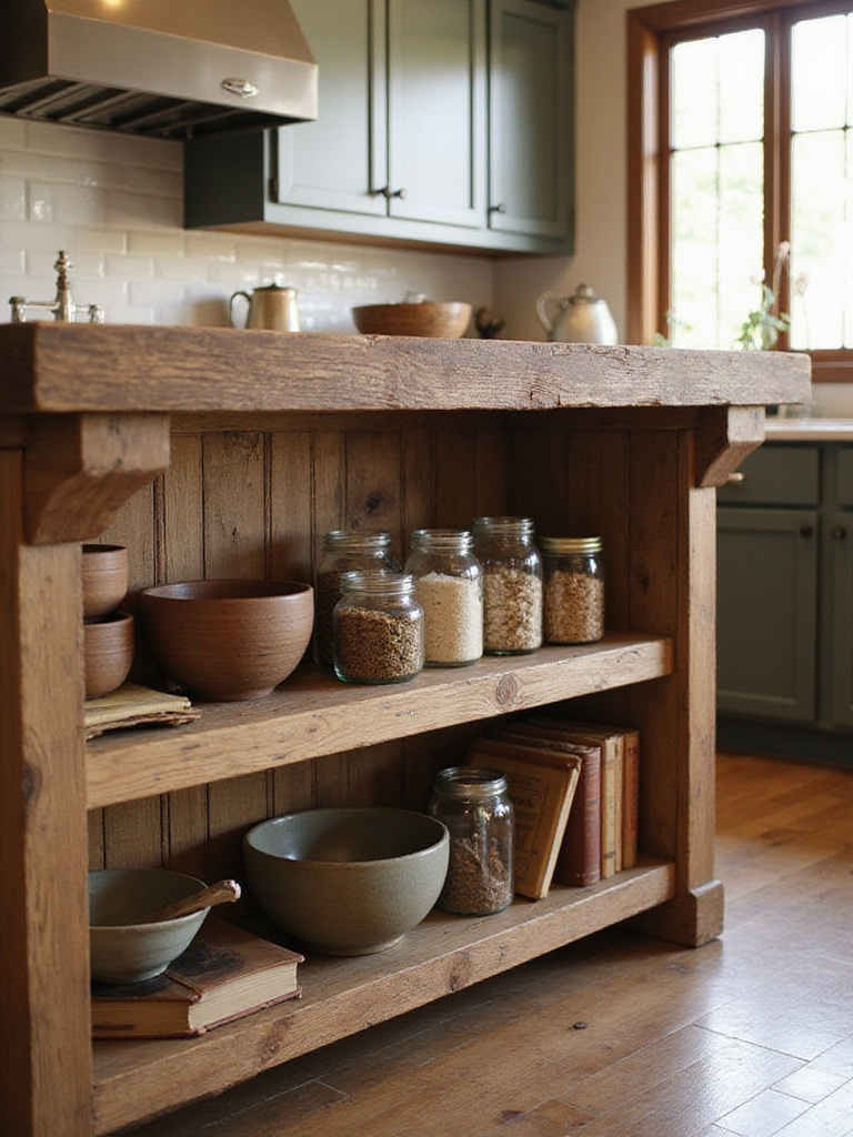 Rustic kitchen island with open shelving base displaying artisan ceramic bowls and vintage jars on distressed reclaimed wood shelves.