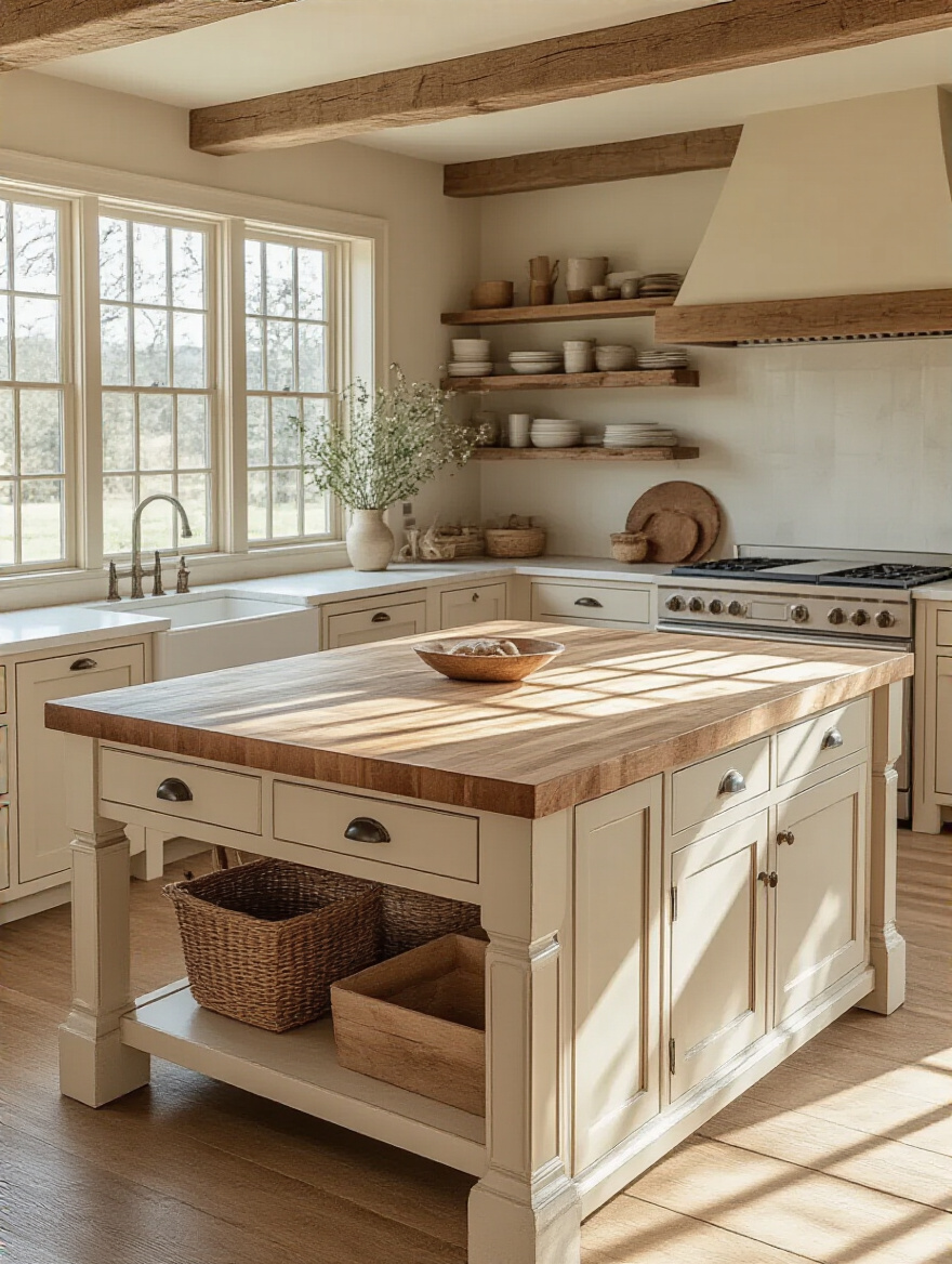 Large farmhouse kitchen with an oversized central island featuring a light-colored butcher block countertop and a cream-painted wooden base, acting as both a food prep area and a social hub.