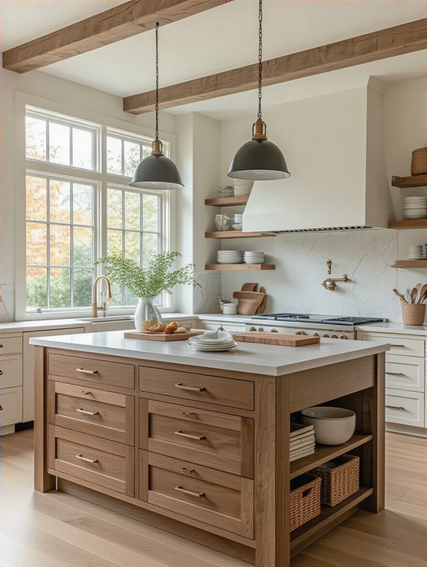 Vertical shot of a modern kitchen island with separate prep, dining, and storage zones.