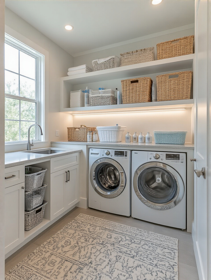 Organized laundry room with dedicated zones for sorting pretreating washing and drying