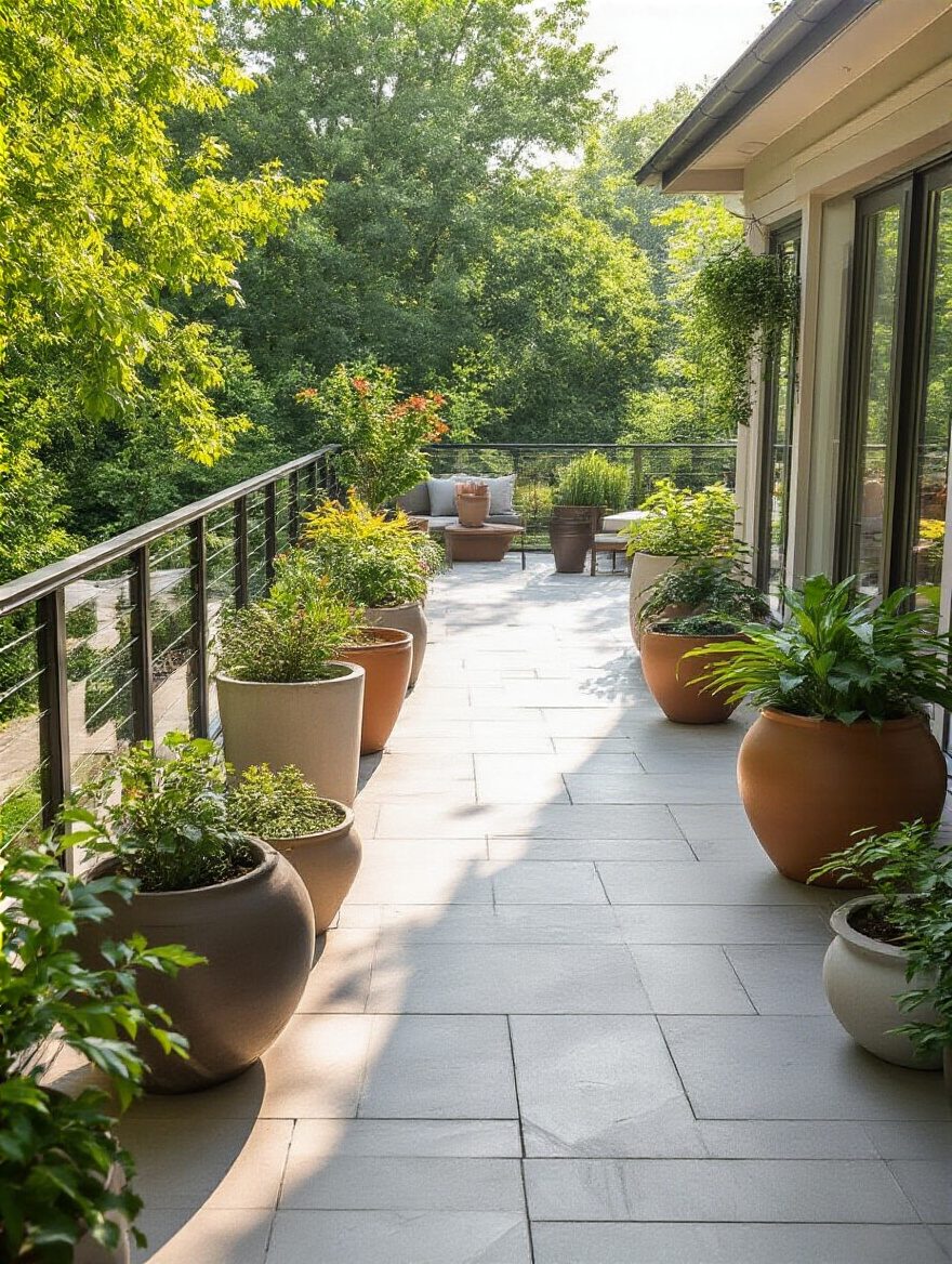 A visually stable and thoughtfully arranged patio showcasing empty containers of varying sizes, hinting at the importance of determining available space and weight capacity for patio plant containers.