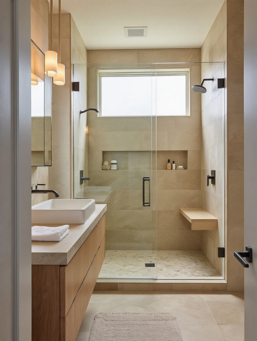 Portrait of a bathroom designed to maximize function and daily usability, with organized storage and accessible features.