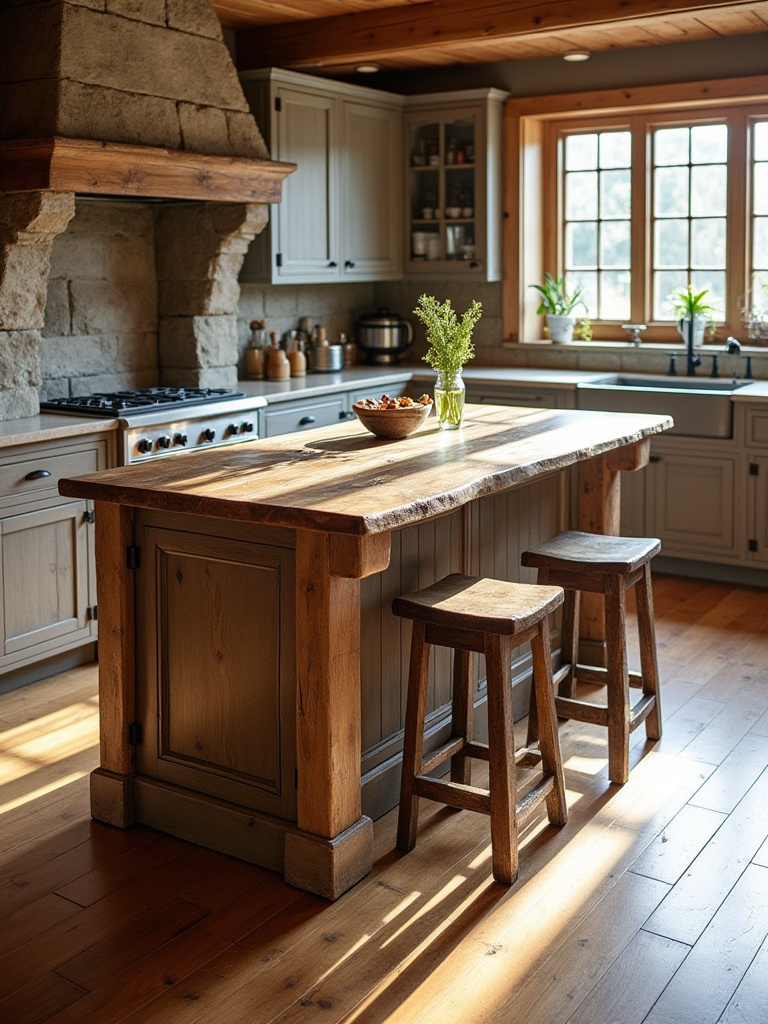 A rustic kitchen island with balanced dimensions for easy workflow and comfortable socializing, featuring distressed wood and spacious seating area.