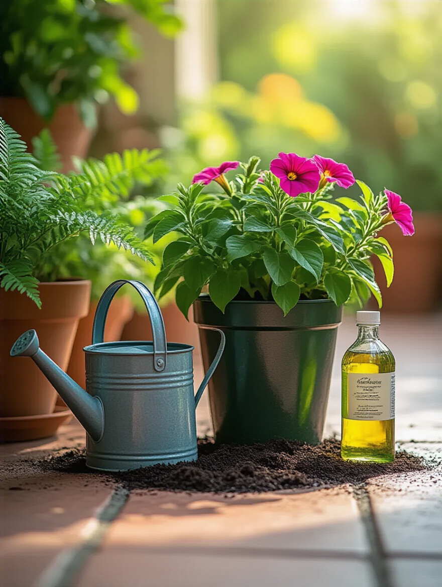 A close-up view of a vibrant patio plant, possibly petunias or ferns, displaying lush green foliage and abundant, healthy blooms. An empty watering can and an unlabeled plant food bottle are subtly placed nearby. The image symbolizes consistent plant feeding for nutrient-rich growth on a patio, bathed in soft morning light.