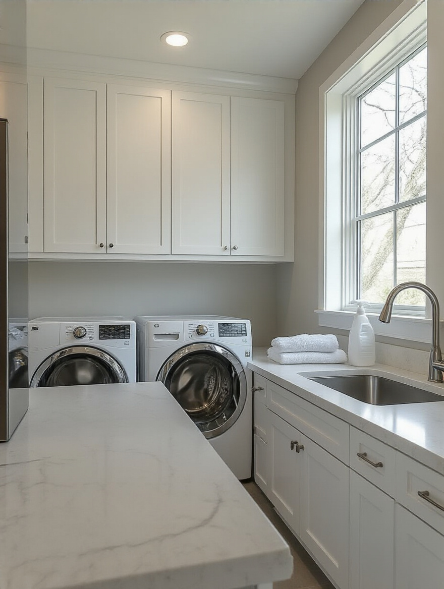 Modern laundry room with organized appliances and unlabeled cleaning supplies