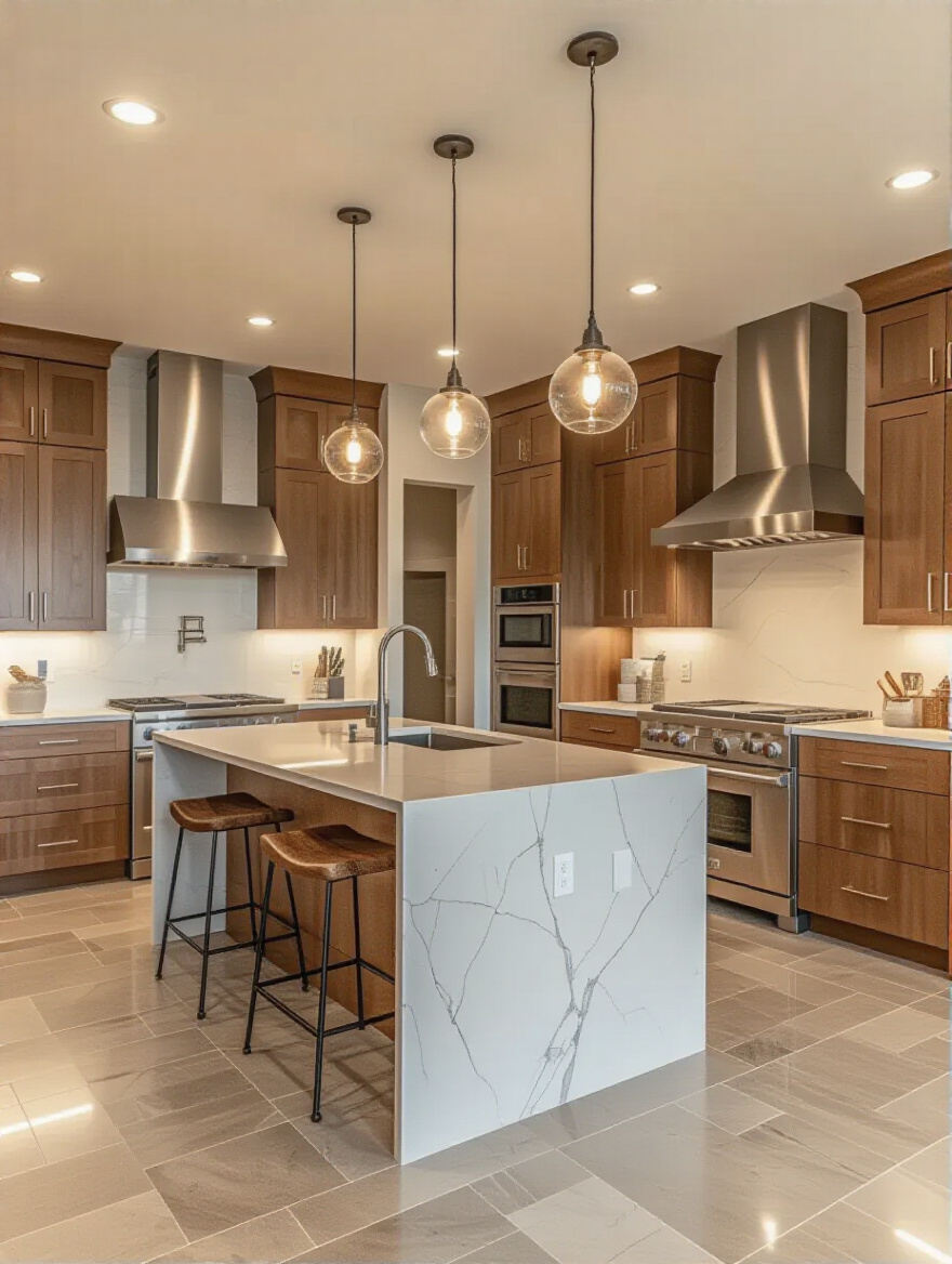 Kitchen ceiling showing pendant lights, recessed cans, and a flush-mount fixture