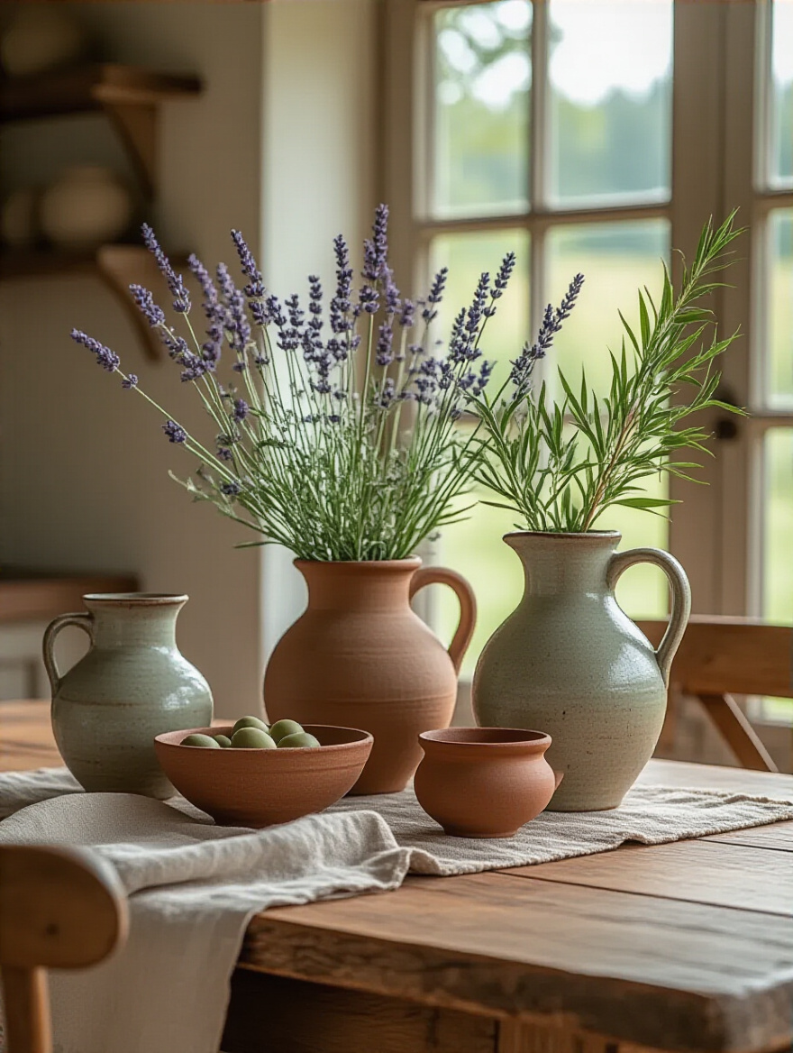 Rustic farmhouse dining table centerpiece with earthenware and ceramic pitchers holding fresh lavender and olive branches, creating a charming floral display.