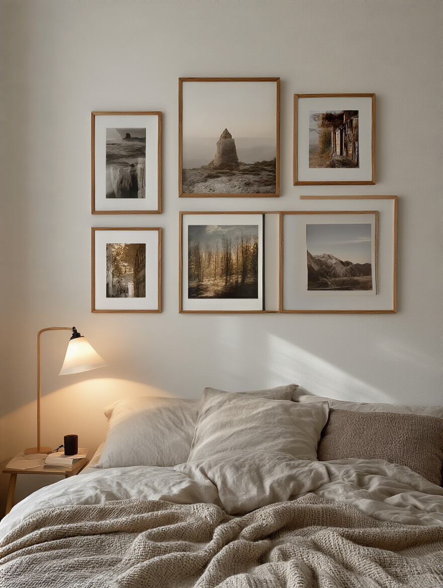 Warm bedroom gallery wall of personal photographs above a bed