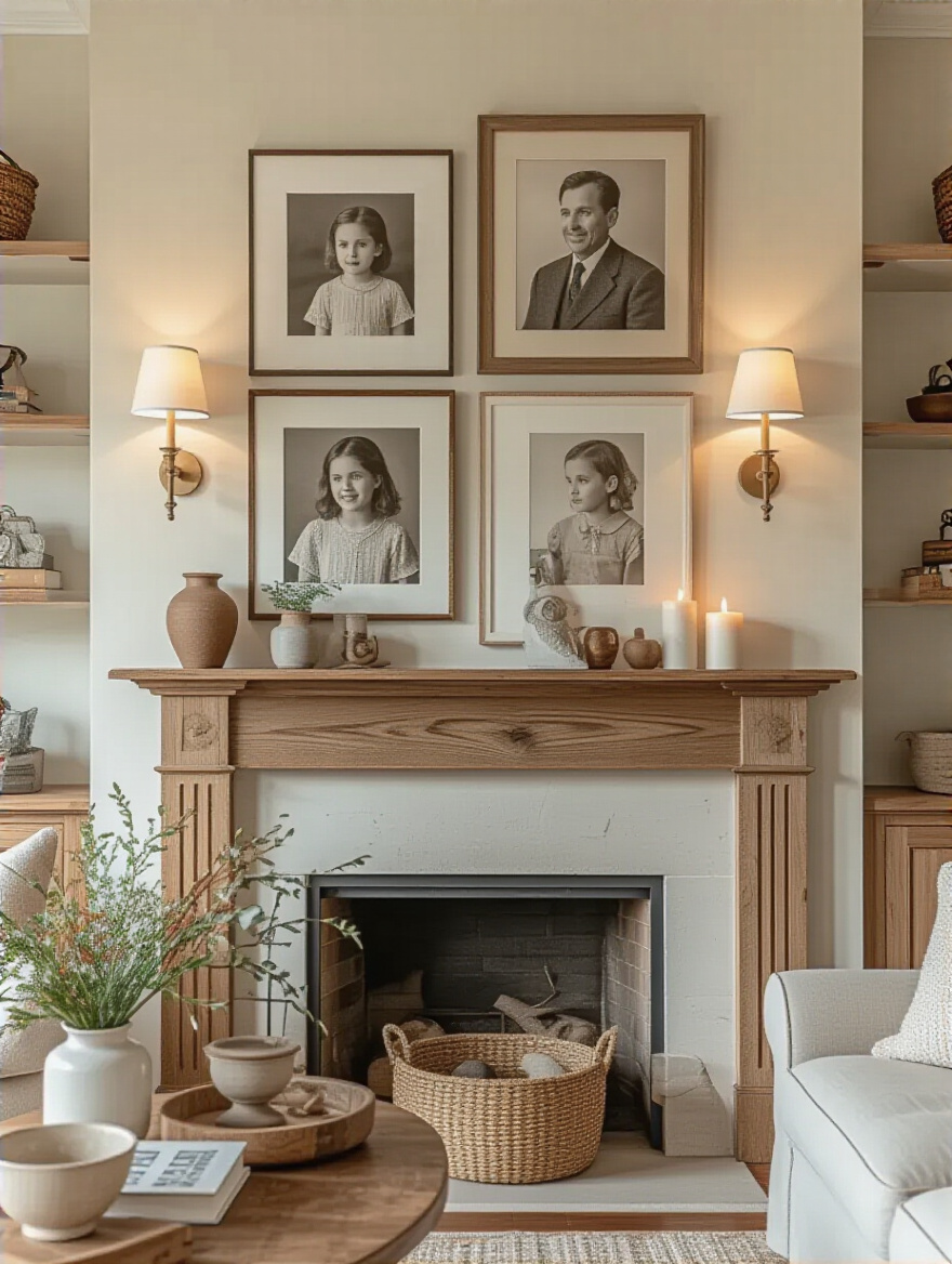 Cozy living room mantel display of personal photos and meaningful decor