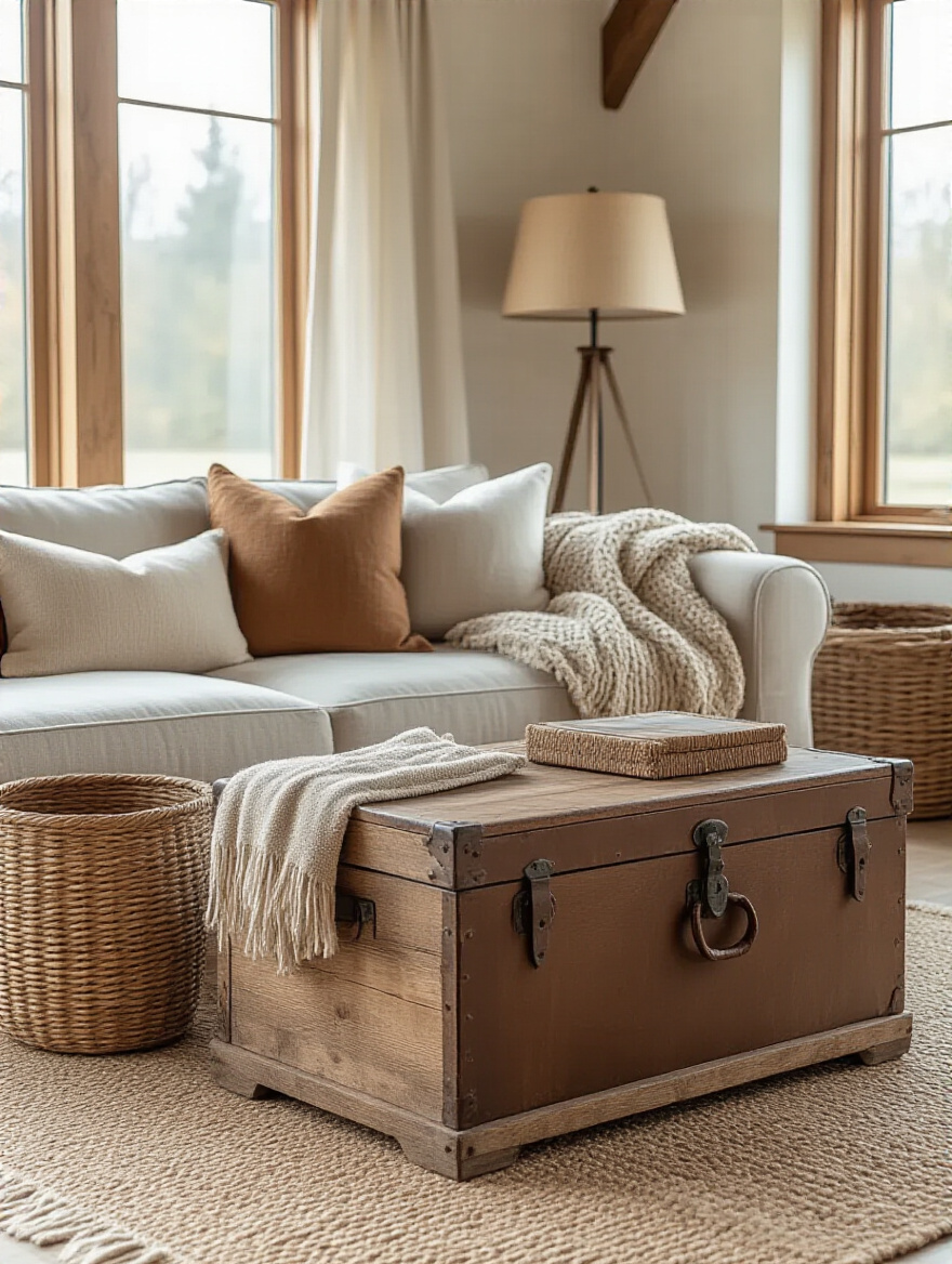 Rustic living room with baskets, trunks and a blanket chest for storage