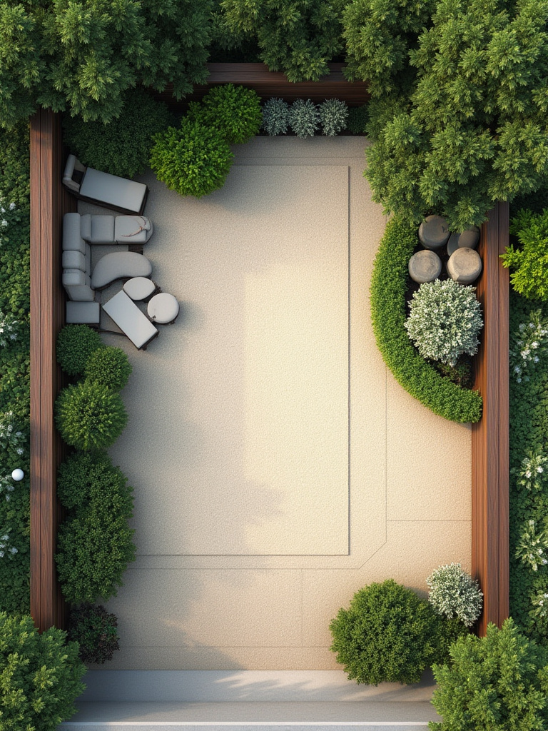 Overhead conceptual view of a backyard with delineated zones, representing a cohesive master plan for outdoor design.