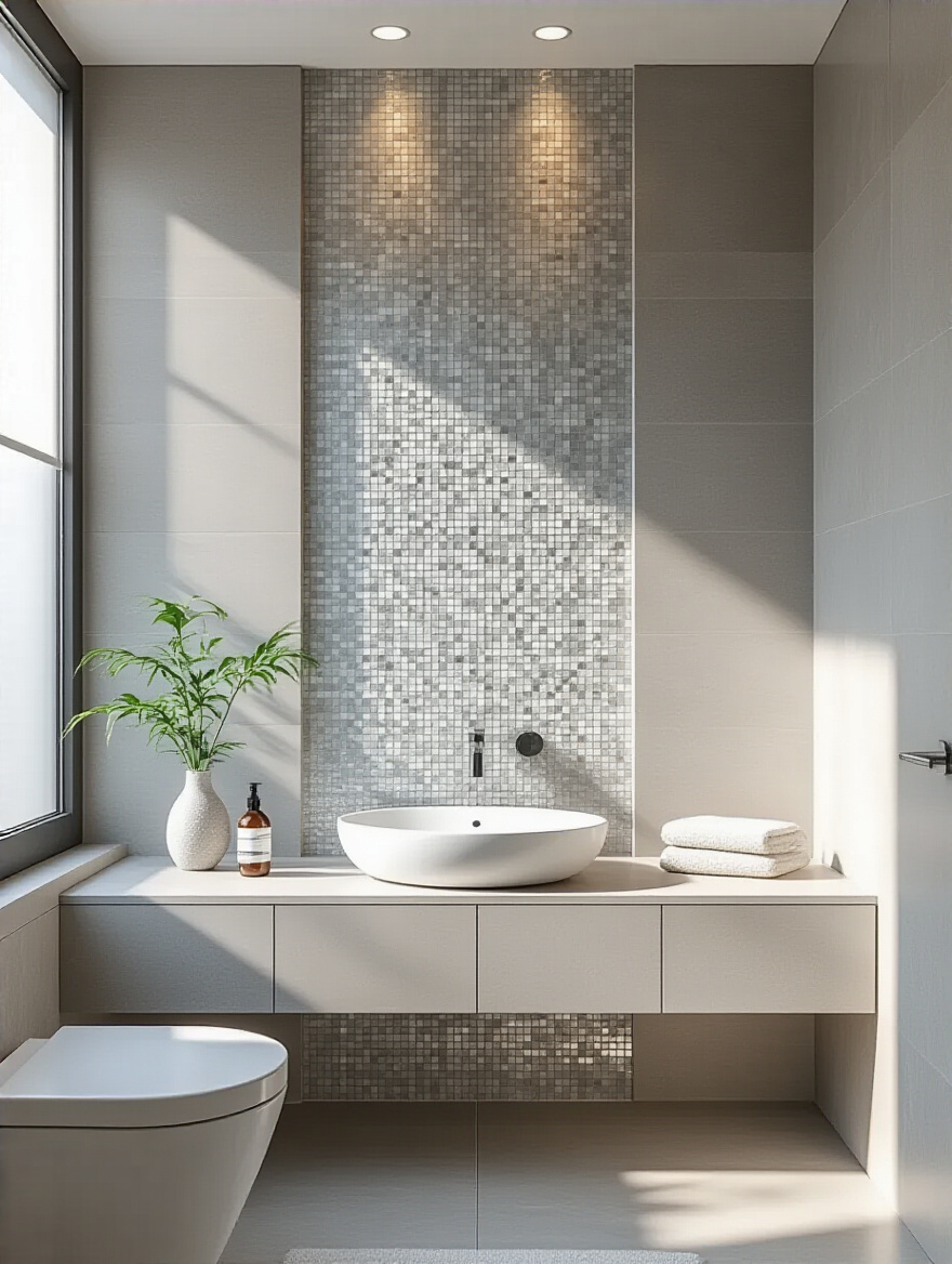 A serene, modern bathroom interior featuring large format light grey wall tiles and a luxurious mosaic tile backsplash behind a white vanity, showcasing sophisticated tile selections.