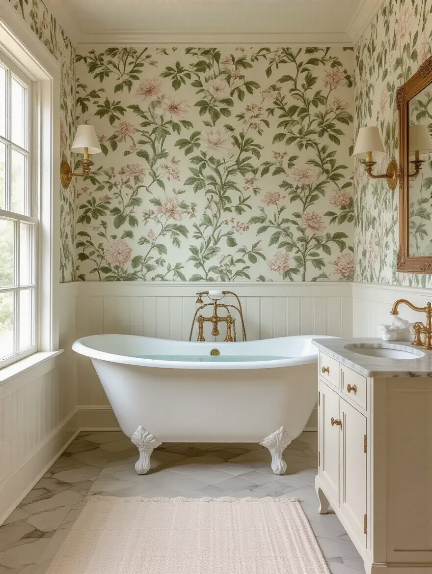 Portrait view of a vintage bathroom with classic floral and botanical wallpaper in muted greens and ivory.