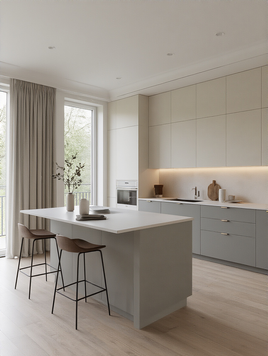 Portrait of a contemporary handle-less kitchen with seamless flush-front cabinets.