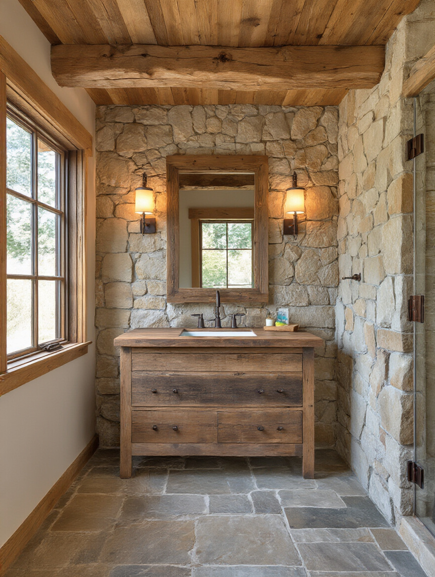 Vertical rustic bathroom with wood vanity, stone walls, and metal fixtures showing texture and warmth