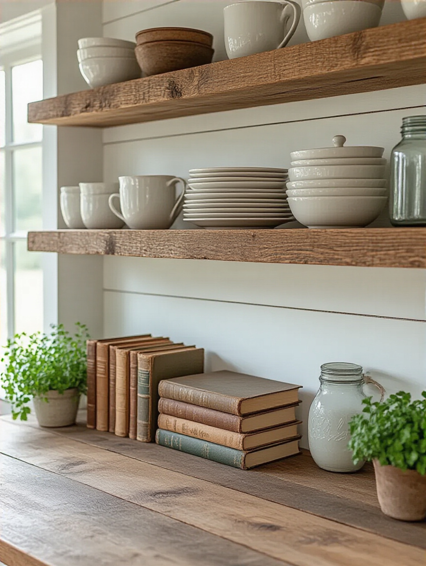Portrait view of open reclaimed wood shelving in a farmhouse kitchen, displaying a curated collection of white ceramic dishware, vintage cookbooks, and small green potted herbs, with warm natural light.