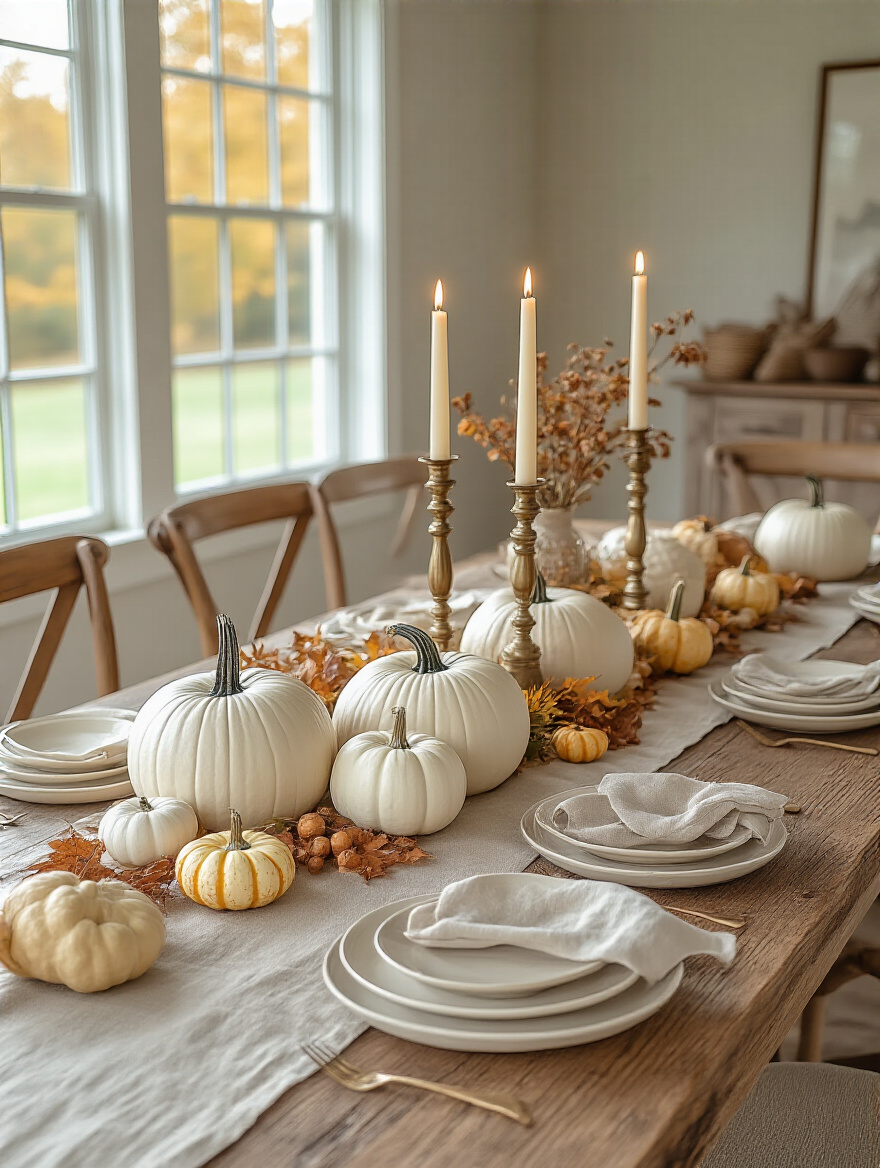 A farmhouse dining room featuring an autumn-themed tablescape with a linen runner, white pumpkins, dried gourds, and brass candlesticks, bathed in warm natural light.