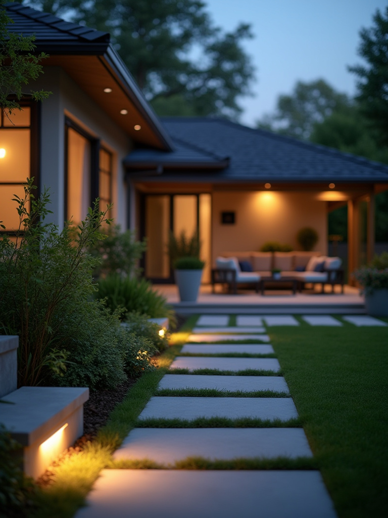 Automated backyard with smart lighting, irrigation, and security cameras for enhanced control and convenience.